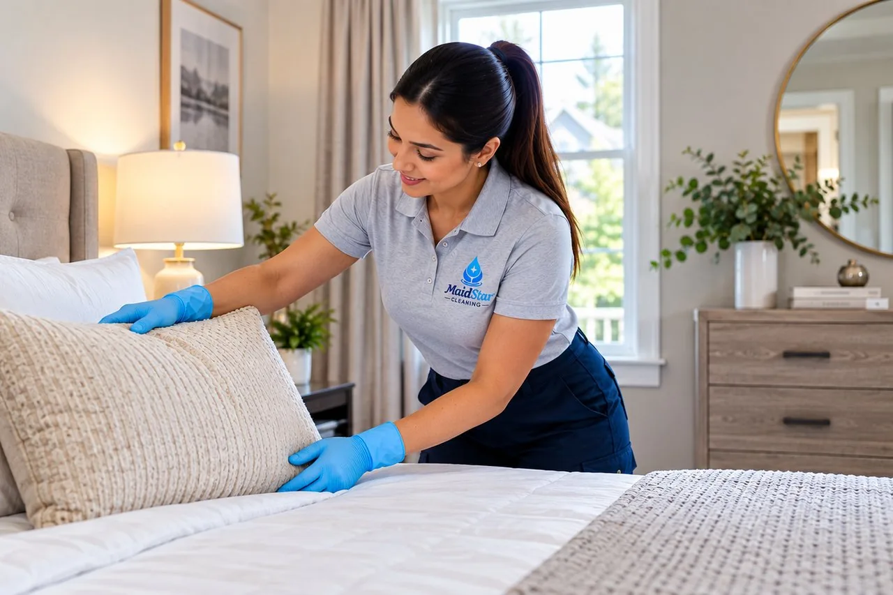 A MaidStar cleaner arranging pillows on a freshly made bed