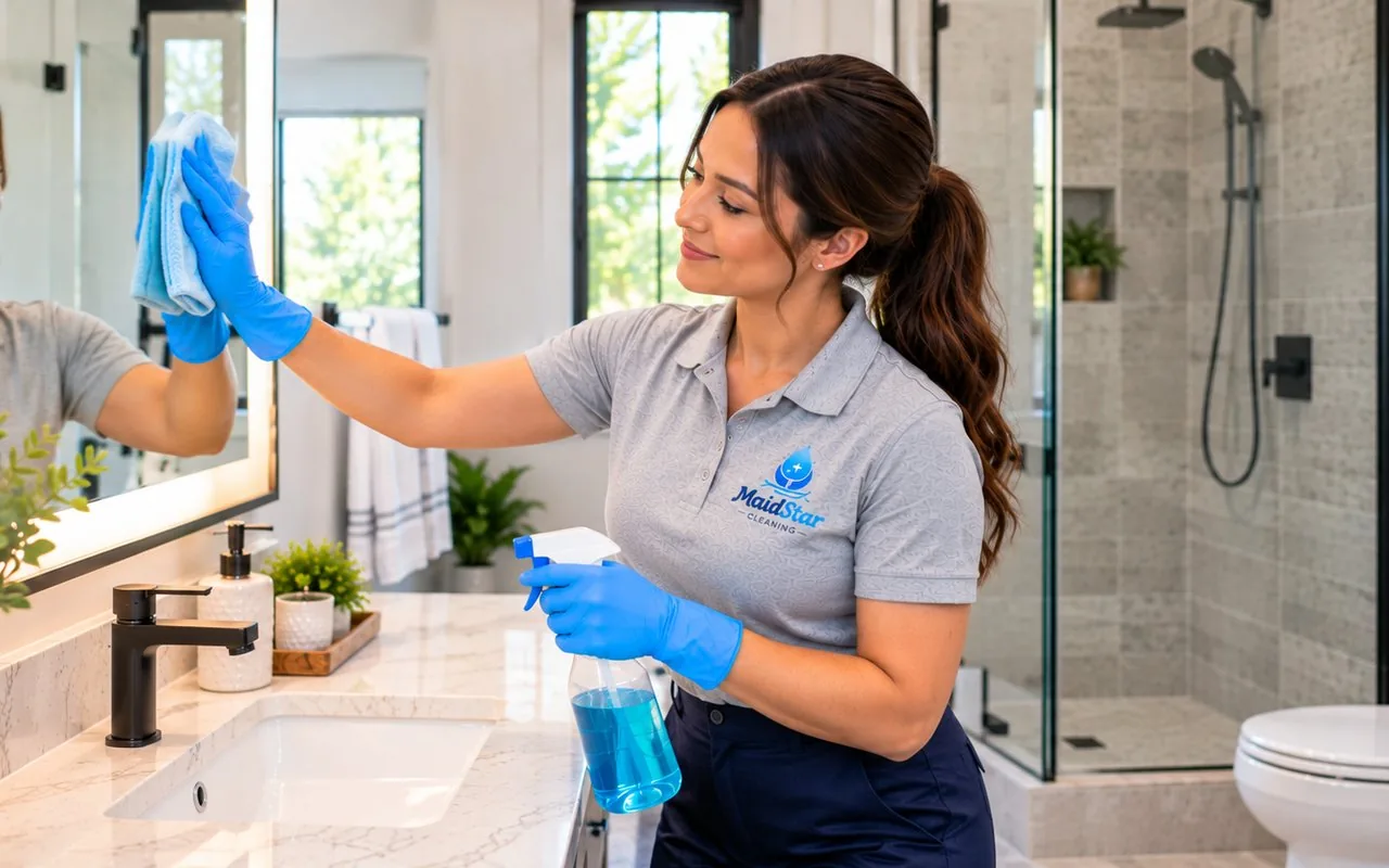 A MaidStar cleaner polishing a bathroom mirror