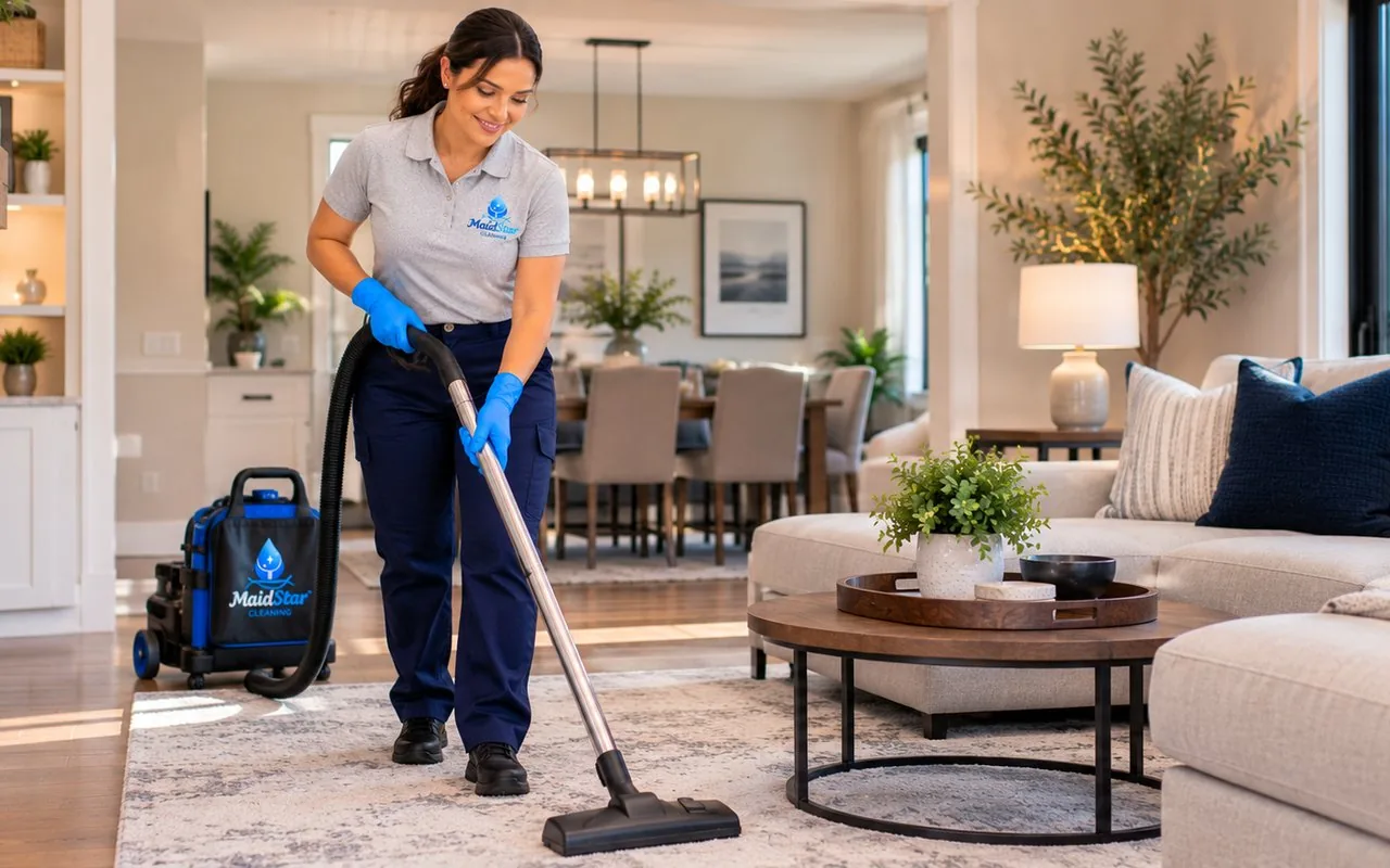 A MaidStar cleaner vacuuming a living room rug