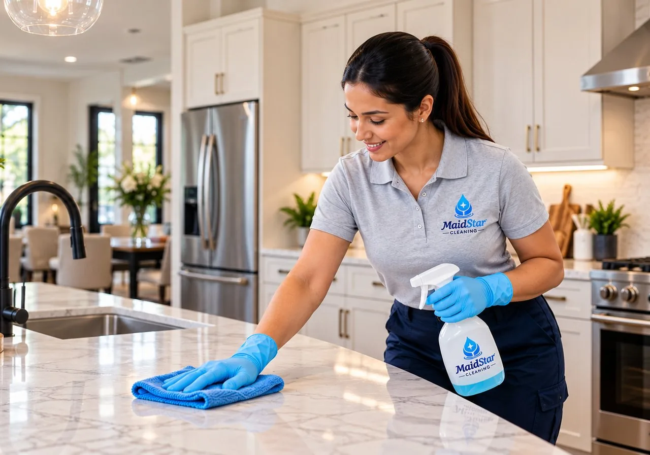 A MaidStar cleaner wiping down a marble kitchen island
