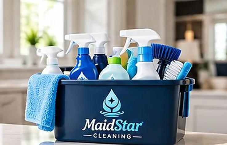 A MaidStar caddy filled with spray bottles, brushes and microfibre cloths